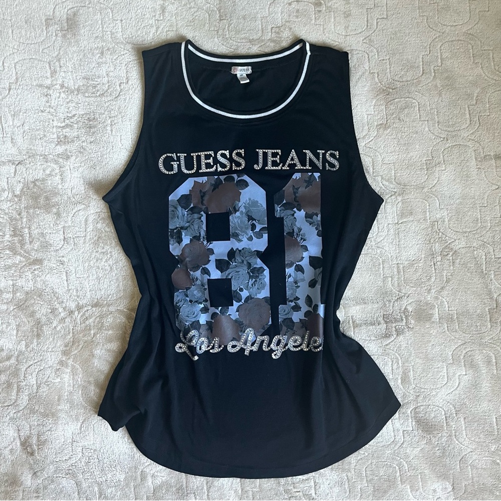Guess Logo Rhinestones Roses Black Tank Top Los Angeles 81 Size Small